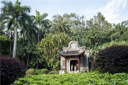 羊城广州夏天天河公园的亭台楼阁石雕隐藏在绿树里