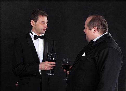 两个,时髦,商务人士,男式礼服,玻璃,红酒