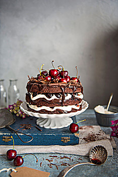 黑森林蛋糕,点心架,黑巧克力,樱桃