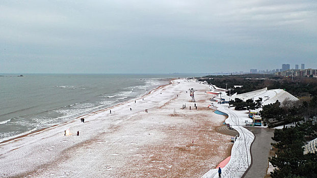 龙年瑞雪悄然而至,游客漫游海边赏雪打卡