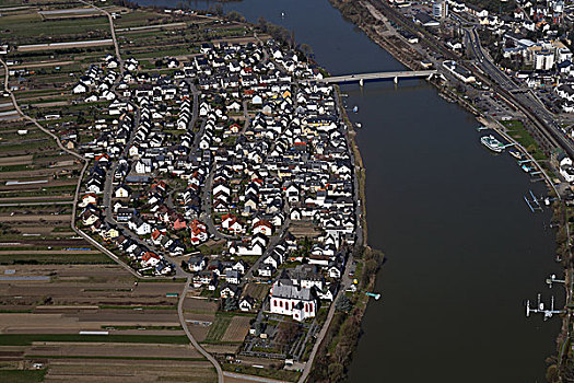 航拍,乡村,位于,岛屿,河,莱茵河,莱茵兰普法尔茨州,德国,欧洲