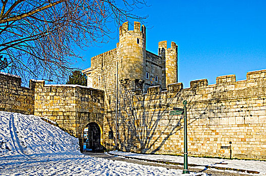英格兰,北约克郡,四个,中世纪,入口,城市,城墙,冬天