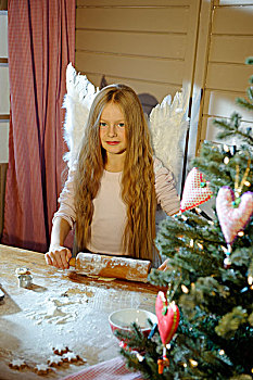 小,女孩,衣服,天使,烘制,圣诞节,饼干