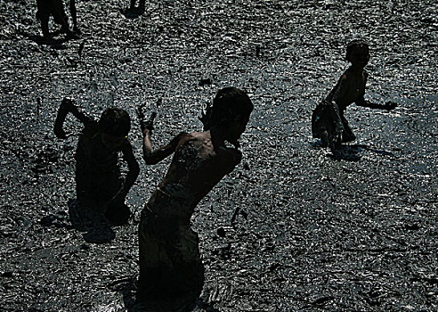 孩子,玩,泥,抓住,鱼,干燥,水塘,乡村,普通,场景,孟加拉,季节,河,地点