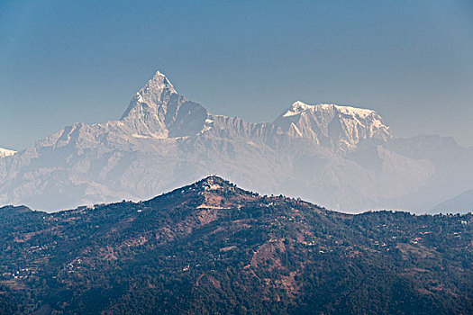 顶端,安纳普尔纳峰,雾气,后面,桑冉库特,山脊,尼泊尔,亚洲