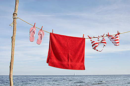 毛巾,比基尼,悬挂,晾衣绳,海滩