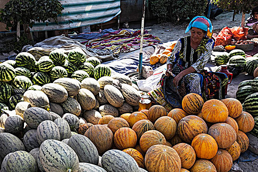 女人,销售,甜瓜,市场,乌兹别克斯坦,亚洲