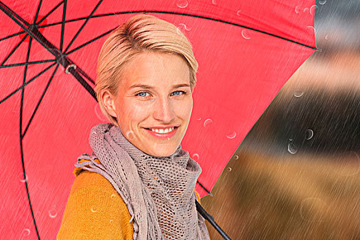 合成效果,图像,微笑,女人,拿着,伞,乡野,场景