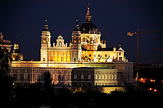 皇宫,马德里皇宫,夫人,大教堂,夜晚,马德里,西班牙,伊比利亚半岛,欧洲