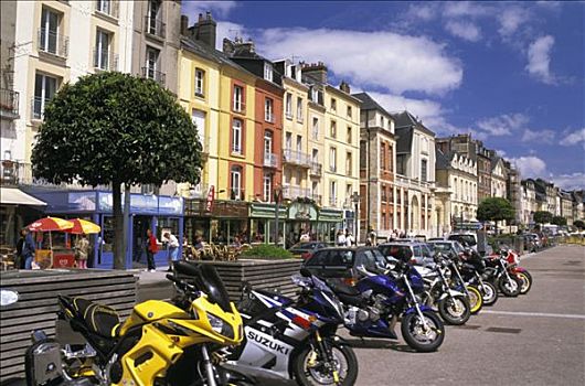 法国,诺曼底,迪耶普,码头,停放,摩托车,房子,餐馆