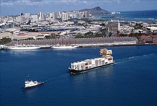 夏威夷,瓦胡岛,檀香山,港口,驳船,拉拽,集装箱船