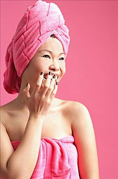 女人,粉色,毛巾,捂嘴