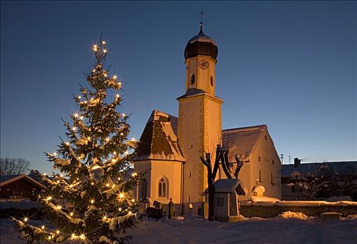 教堂,晚上,光亮,圣诞树,靠近,上巴伐利亚,德国,欧洲