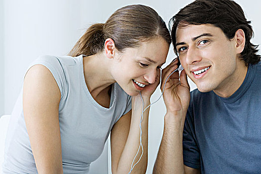 情侣,听,耳机,一起,微笑
