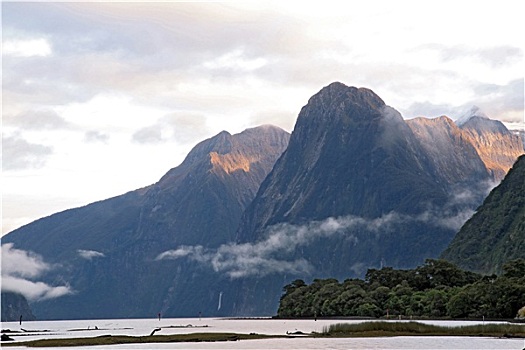 日出,高,山,冰河,米尔福德峡湾,新西兰