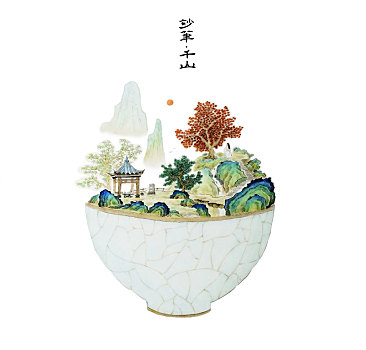 国画,茶碗,山水