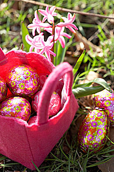 巧克力,复活节彩蛋,粉色,篮子,草地
