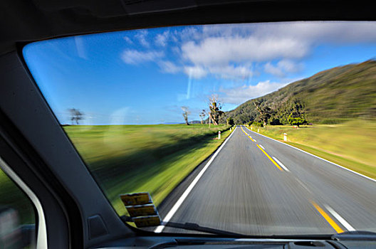 驾驶,左边,风景,室内,汽车,道路,迅速,西海岸,新西兰,大洋洲