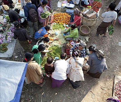 俯拍,街边市场,缅甸