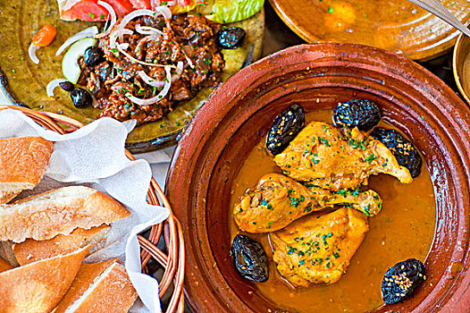 传统,摩洛哥,盘子,食物,塔津,鸡,洋李干,非洲