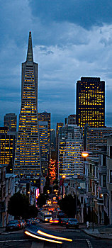泛美大厦,街道,黃昏,红绿灯,展示,加利福尼亚