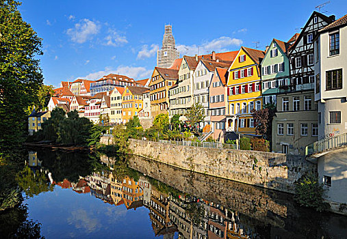 房子,老,城镇,内卡河,水边,反射,河,巴登符腾堡,德国,欧洲
