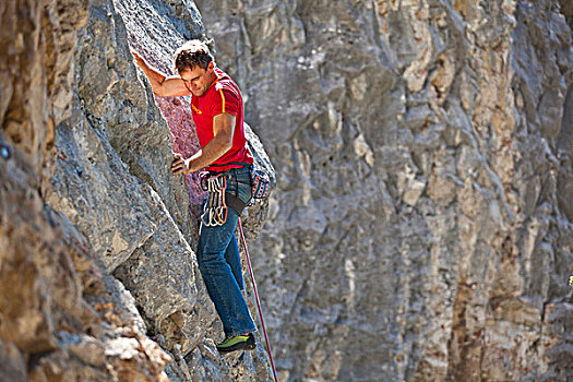 男性,攀登,峡谷,艾伯塔省,加拿大