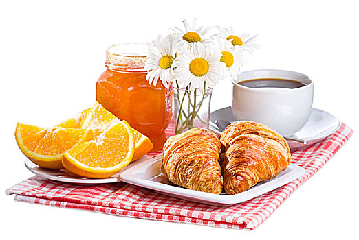 早餐,牛角面包,果酱,橘子,咖啡
