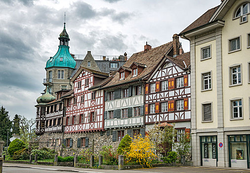 半木结构房屋,街道,历史,中心,康士坦茨湖,瑟尔高,瑞士,欧洲