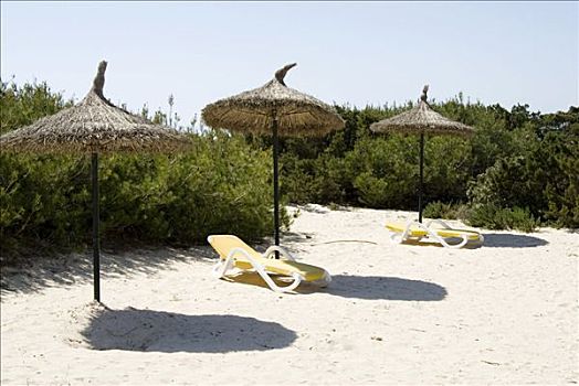 伞,太阳椅,沙丘,海滩,马略卡岛,巴利阿里群岛,西班牙,欧洲