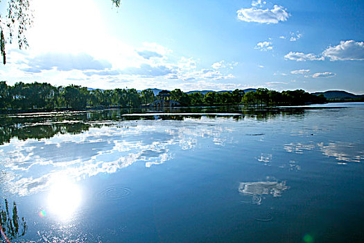 颐和园的昆明湖上倒映着白云