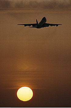 剪影,波音747,起飞,日落