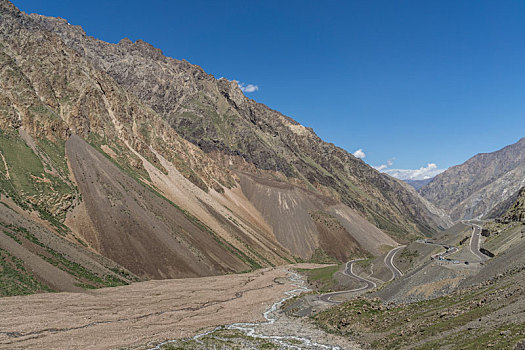 中国新疆夏季蓝天白云下g217独库公路沿途高山戈壁风景