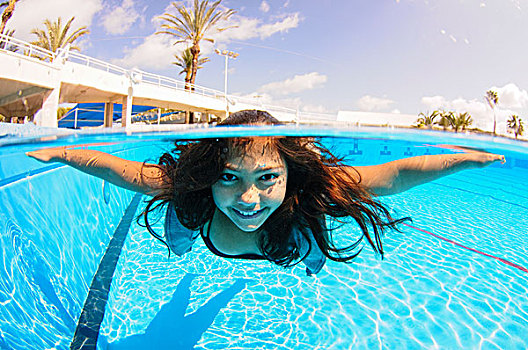 女孩,自由潜水,水下,游泳池