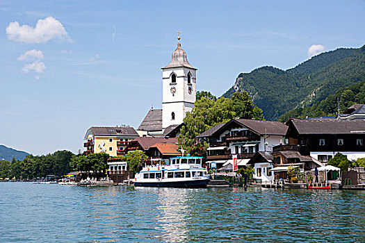 船,服务,朝圣教堂,湖,沃尔夫冈,萨尔茨卡莫古特,上奥地利州,奥地利,欧洲