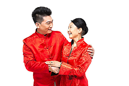 棚拍中國新年唐裝男人和母親