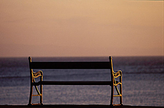 日落,海洋,长椅