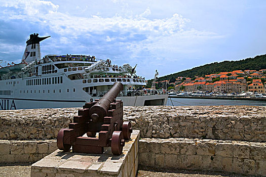 大炮,古城,墙壁,亚德里亚海,渡船,科尔丘拉岛,克罗地亚