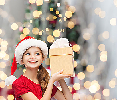 圣诞节,休假,孩子,人,概念,微笑,女孩,圣诞老人,帽子,礼盒,上方,圣诞树,背景