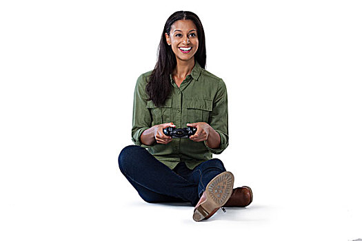 女人,玩,电子游戏,白色背景,微笑
