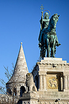 匈牙利,布达佩斯,城堡,山,铜像,圣史蒂芬,国王,马,棱堡,平台,新哥德式,风格
