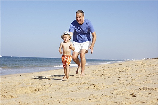 爷爷,孙子,跑,海滩