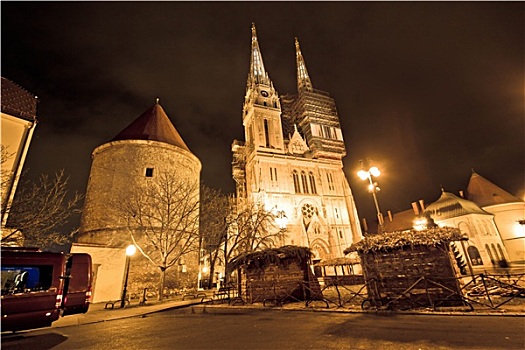 萨格勒布,大教堂,夜晚,圣诞节,风景