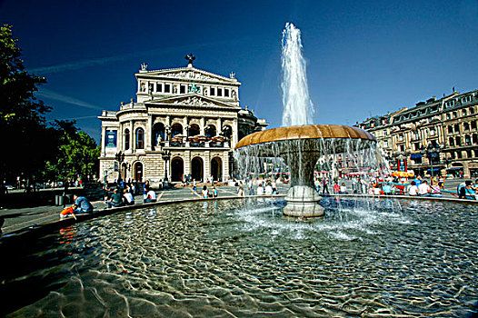 喷泉,歌剧院,房子,法兰克福,黑森州,德国,欧洲