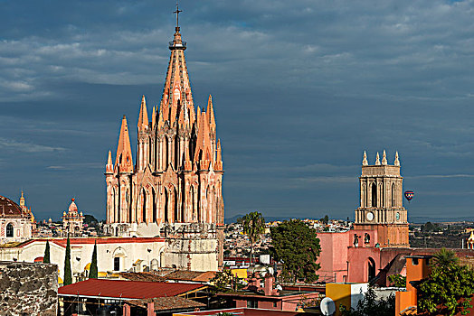 教堂,城市,阴天,热气球,远景,圣米格尔,瓜纳华托,墨西哥