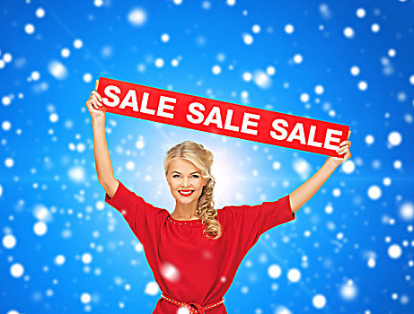 销售,购物,圣诞节,休假,人,概念,微笑,女人,红裙,红色,标识,上方,蓝色,雪,背景