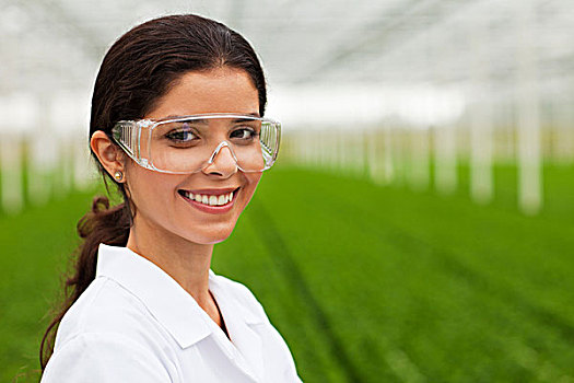 科学家,戴着,护目镜,正面,植物,温室