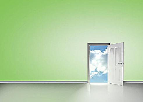 门,开着,揭示,蓝色,阴天,绿色,房间