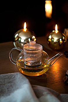 注入,玻璃茶壶,圣诞球,蜡烛