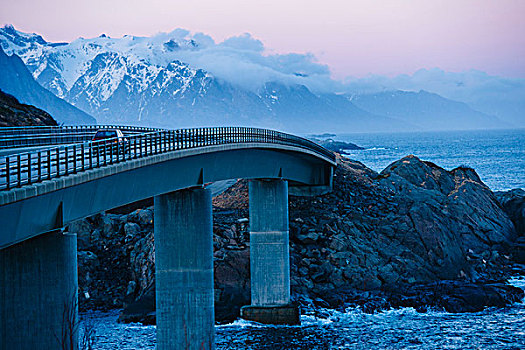 交通工具,穿过,沿岸,桥,黄昏,瑞恩,罗弗敦群岛,挪威